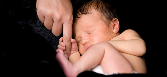 A premature newborn holding a parent's finger